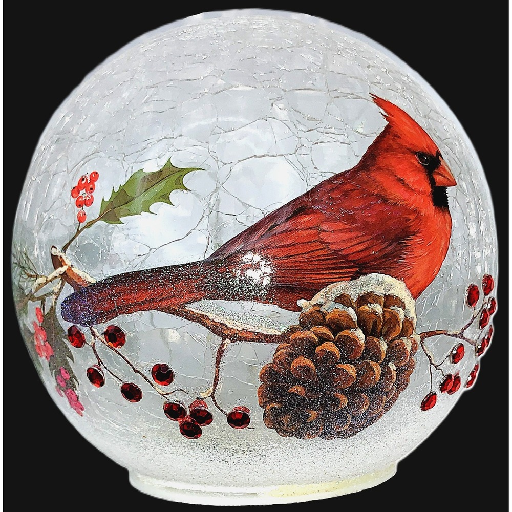 Vintage Cardinal Cracked Glass Fairy Light Globe Pine Holly Berry Rhinestone 6"